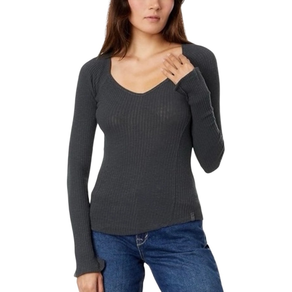 Free People We The Free Ribbed V Neck Top L Gray Long Sleeve